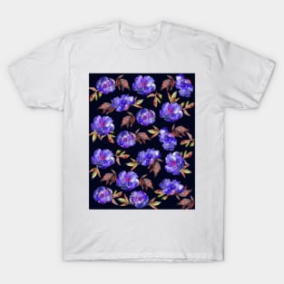 Peonies Flowers Watercolor Ink Cute dark blue T-Shirt